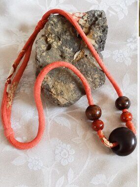 Hawaiian Kukui Nut Necklace on Japanese Kimono Fabric Cord